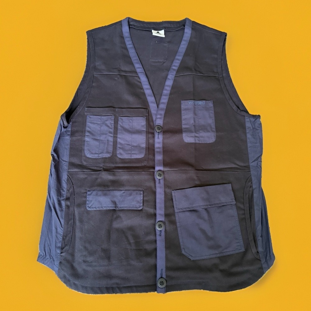 Wasted Collective Vest Menswear Chore Utility Vest Multi Pocket Large Blue Black